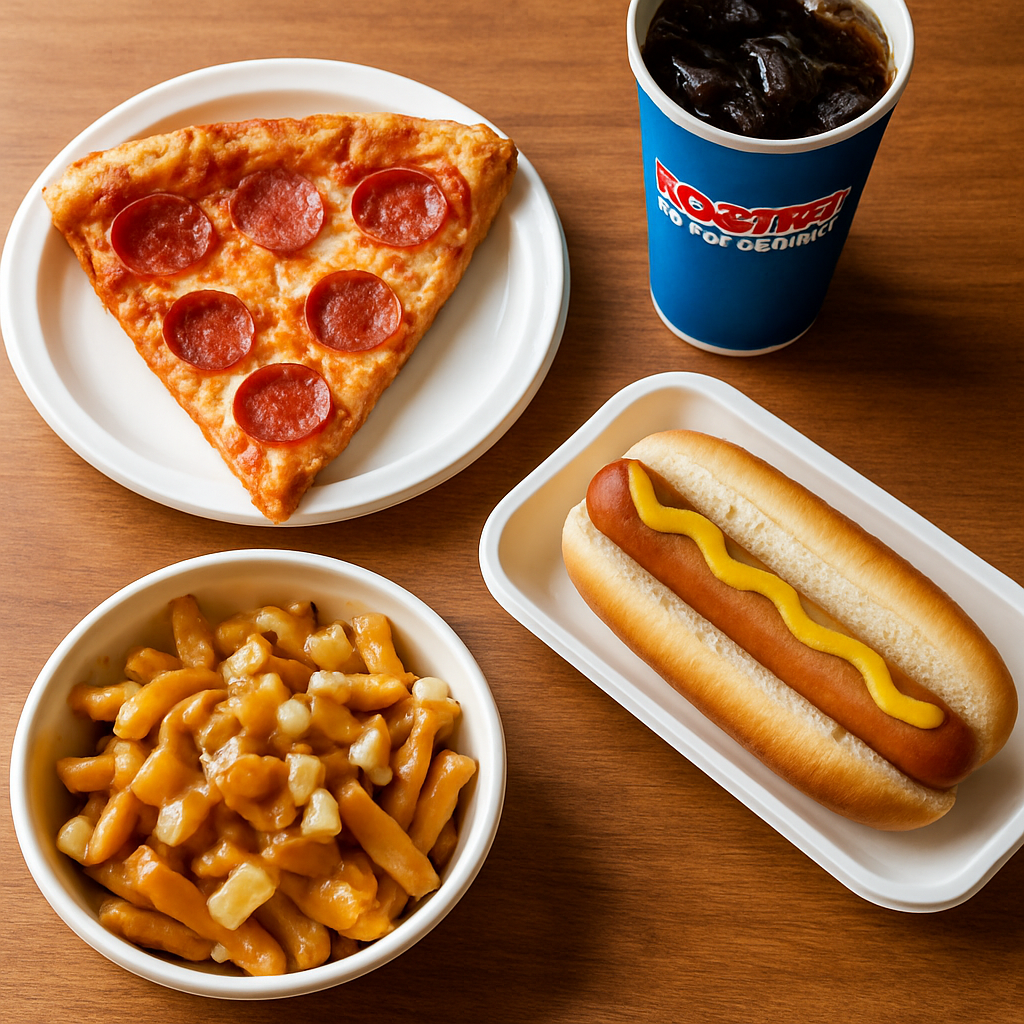 Costco food court spread featuring pizza, hot dog and poutine